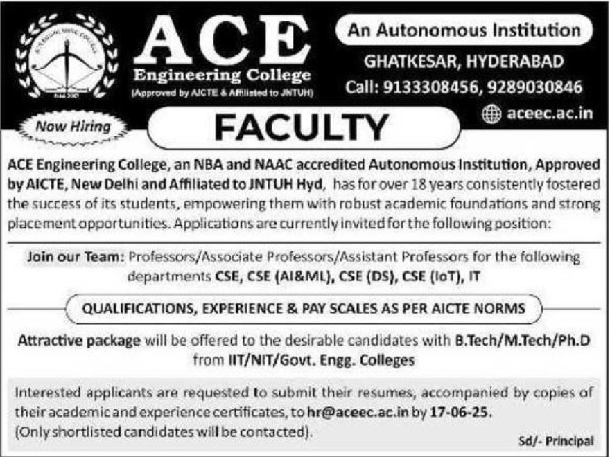 ACE Engineering College Hyderabad Invites Applications for Faculty Positions