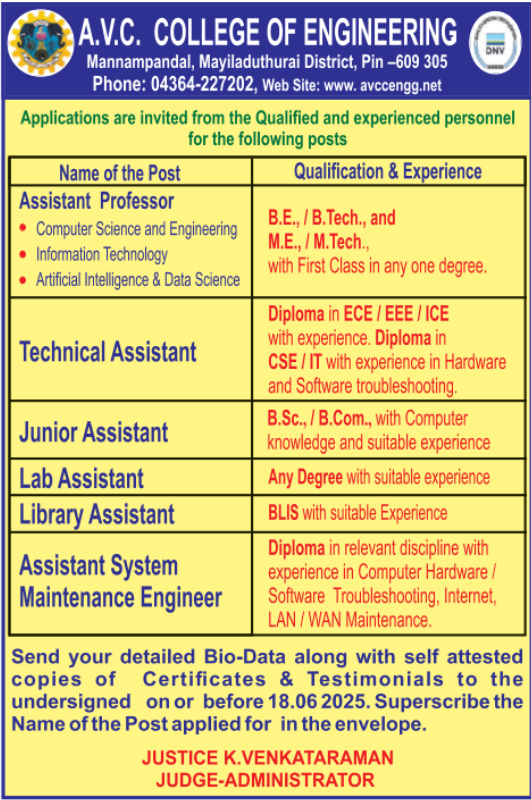 Assistant Professor and Administrative Positions at AVC College of Engineering