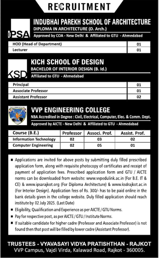 VVP Engineering College Rajkot Hiring for Faculty Positions
