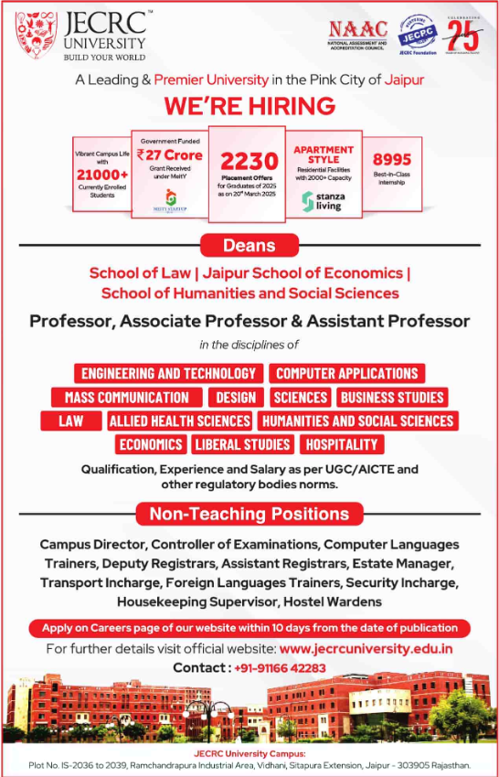 JECRC University Jaipur Hiring Faculty and Non-Teaching Staff