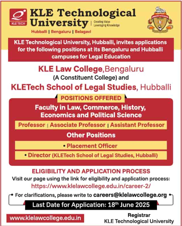 Faculty Job Openings at KLE Technological University Hubballi