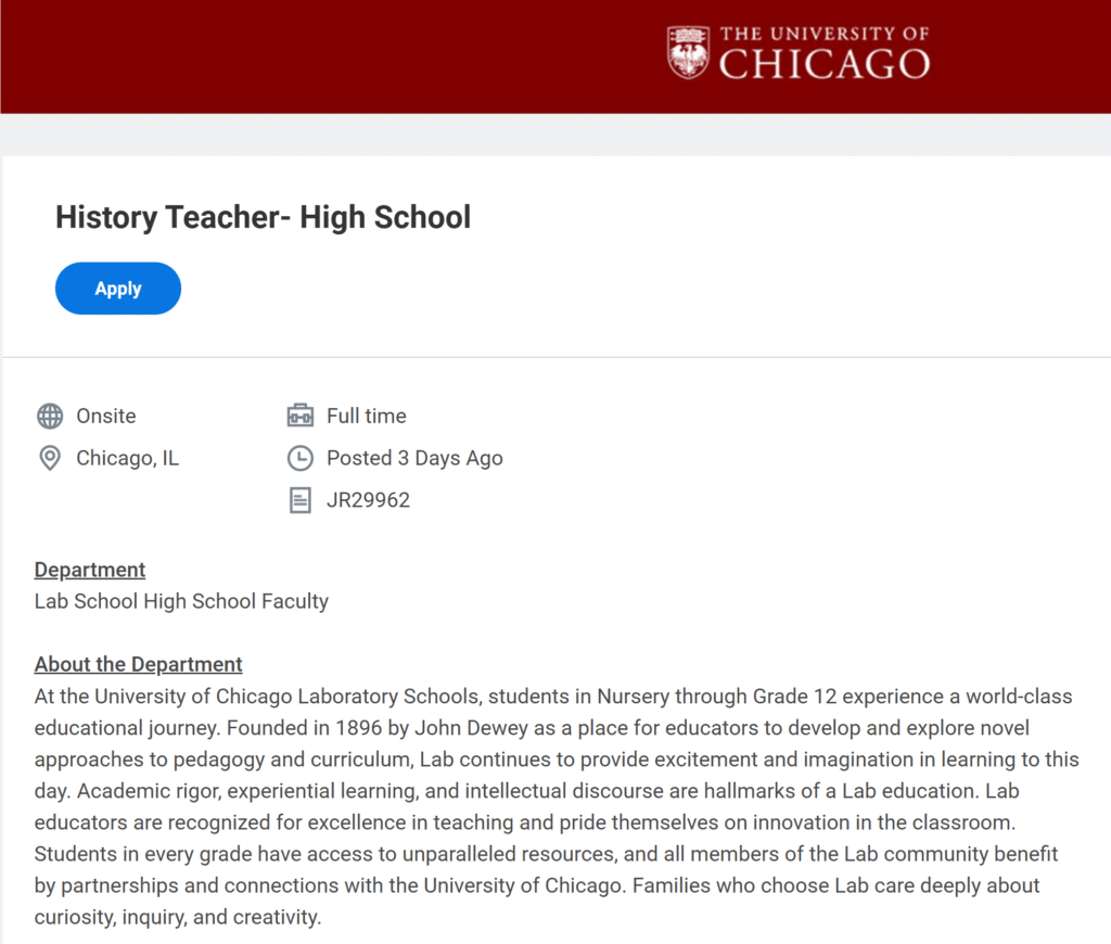 High School History Teacher – University of Chicago, IL