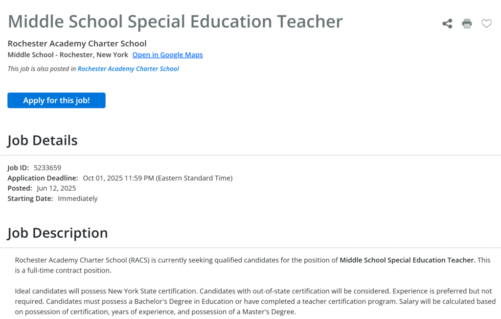 Special Education Teacher Job at Rochester Academy Charter School