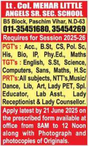 Lt. Col. Mehar Little Angels Sr. Sec. School PGT / TGT and PRT Vacancies