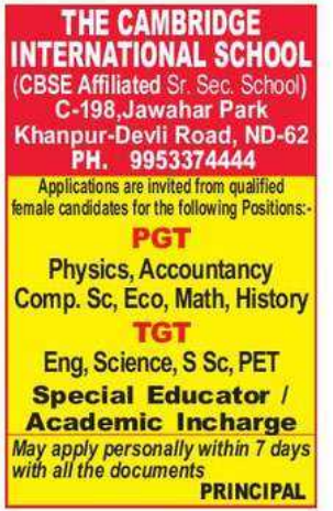 The Cambridge International School Hiring Female Teachers