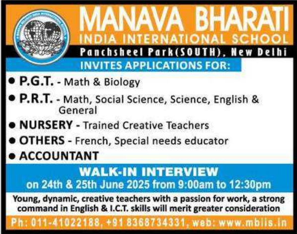 Manava Bharati School Delhi Hiring Teachers & Staff