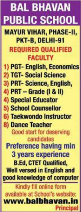 Bal Bhavan Public School Delhi Teaching and Staff Vacancies 2025