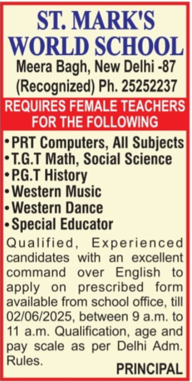 St Marks World School Meera Bagh Female Teacher Positions