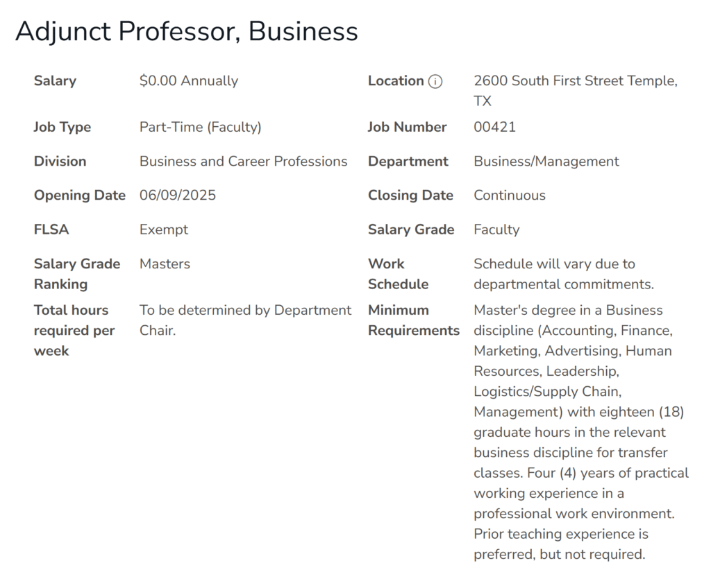Temple College Part-Time Adjunct Professor Position for Business Courses