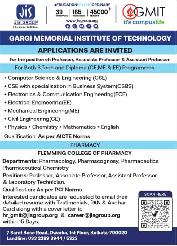 Teaching Jobs at Gargi Memorial Institute of Technology and Flemming College of Pharmacy