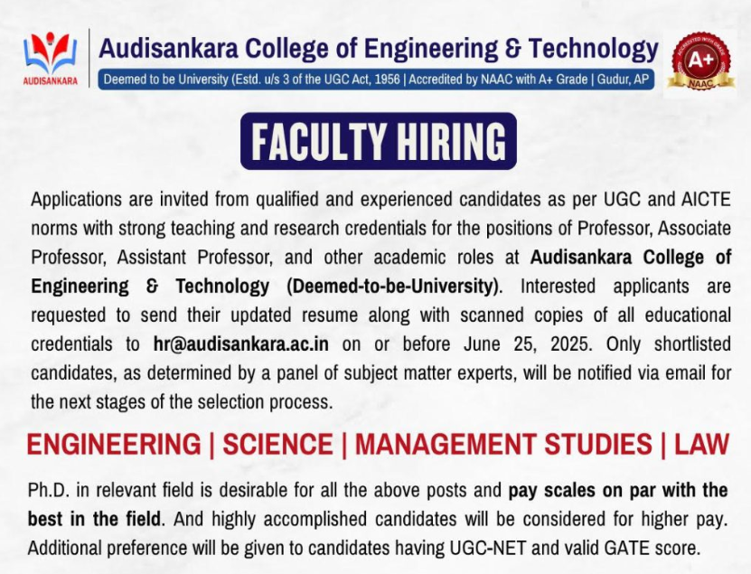 Faculty Openings at Audisankara College of Engineering and Technology