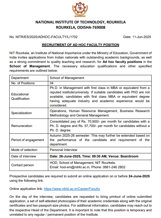 NIT Rourkela RECRUITMENT FOR THE POSITION OF AD HOC FACULTY IN THE DEPARTMENT OF SCHOOL OF MANAGEMENT