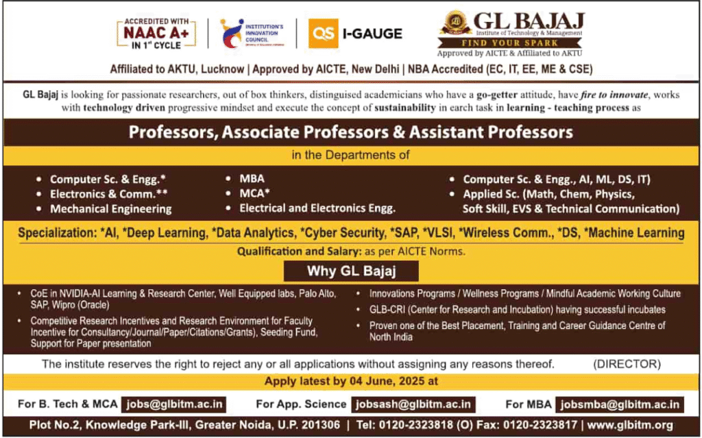 GL Bajaj Institute of Technology & Management Invites Applications for Faculty Positions