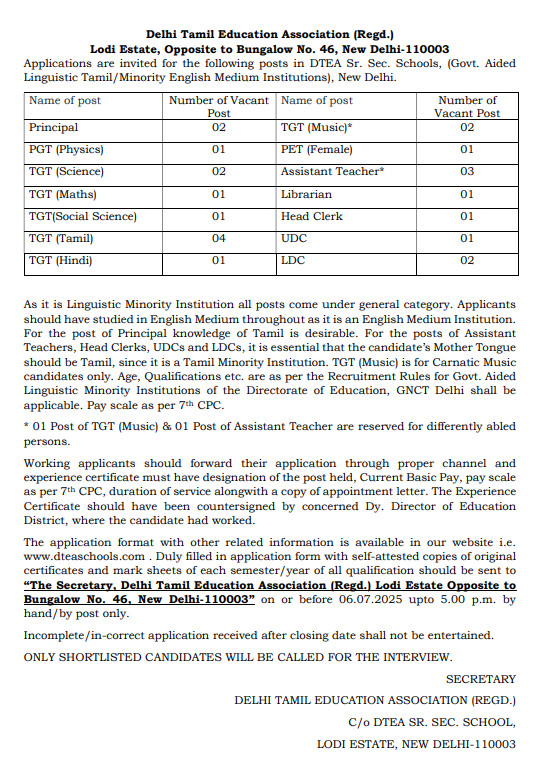 Delhi Tamil Education Association Announces TGT and PGT Vacancies
