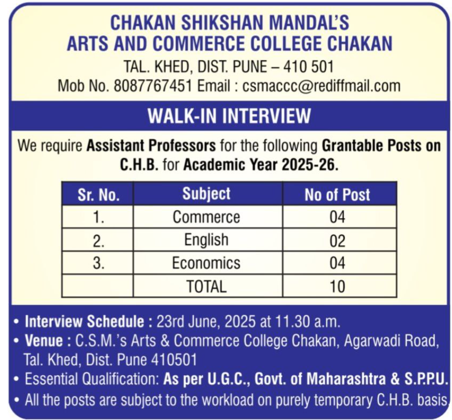 Chakan Shikshan Mandals Arts and Commerce College Walk-in for Assistant Professors