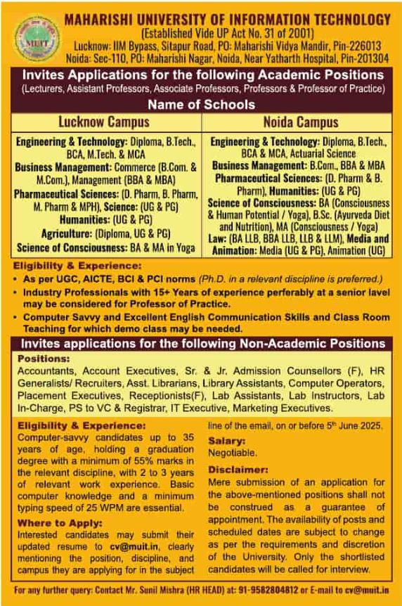 Maharishi University of Information Technology Invites Faculty Applications