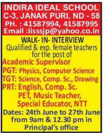 Indira Ideal School Recruitment for Female Teaching Jobs