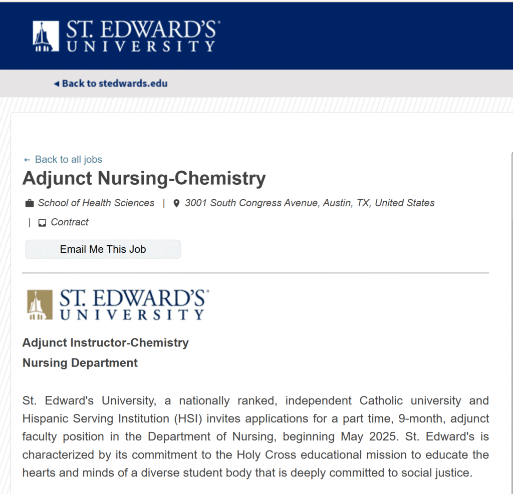 Adjunct Nursing Chemistry Faculty at St. Edwards University