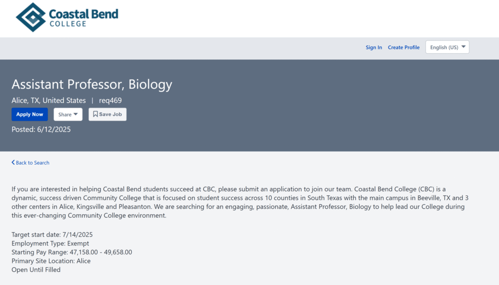 Assistant Professor of Biology Coastal Bend College