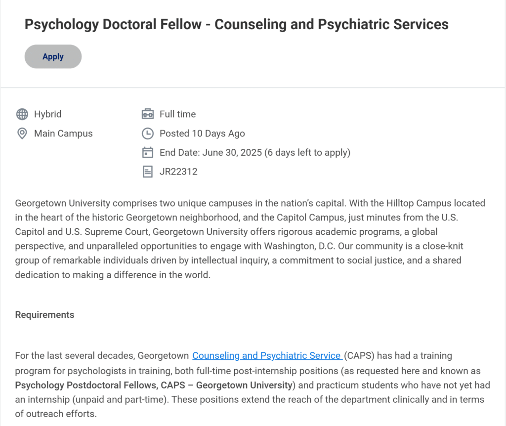 Psychology Doctoral Fellow – Counseling and Psychiatric Services Georgetown University