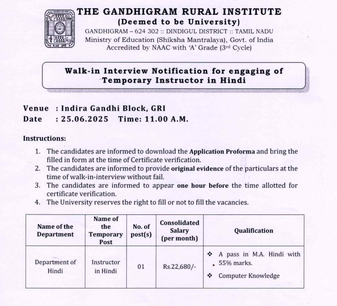 The Gandhigram Rural Institute Dindigul Wanted Instructor in Hindi