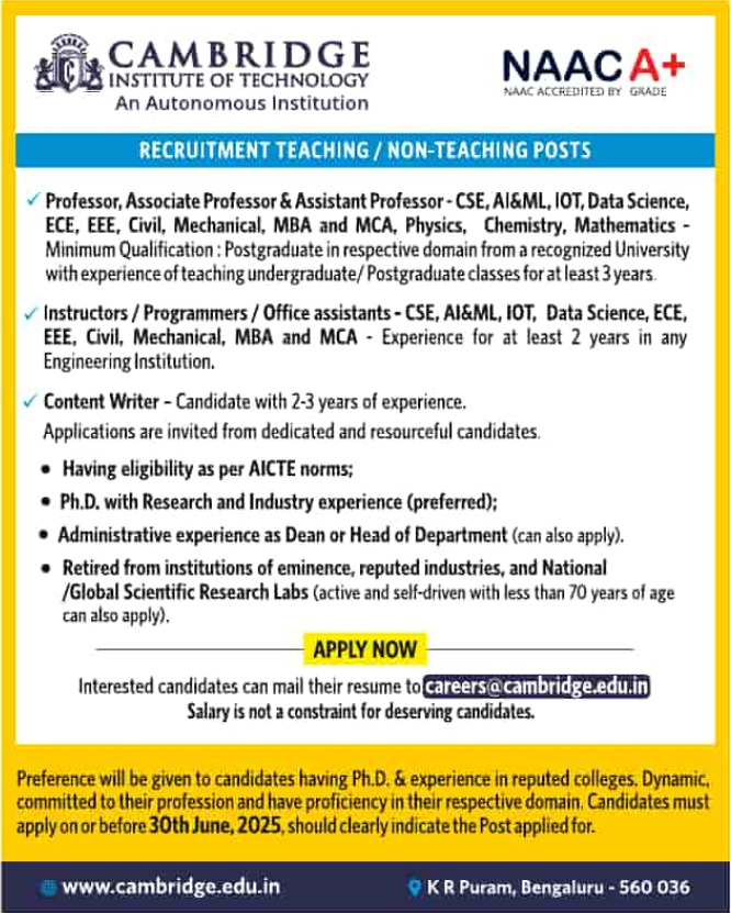 Cambridge Institute of Technology Bengaluru Announces Teaching and Non-Teaching Positions