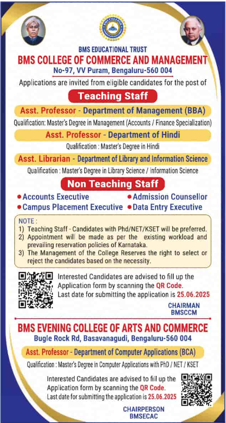 BMS College of Commerce and Management Karnataka Hiring for Teaching and Non-Teaching Positions