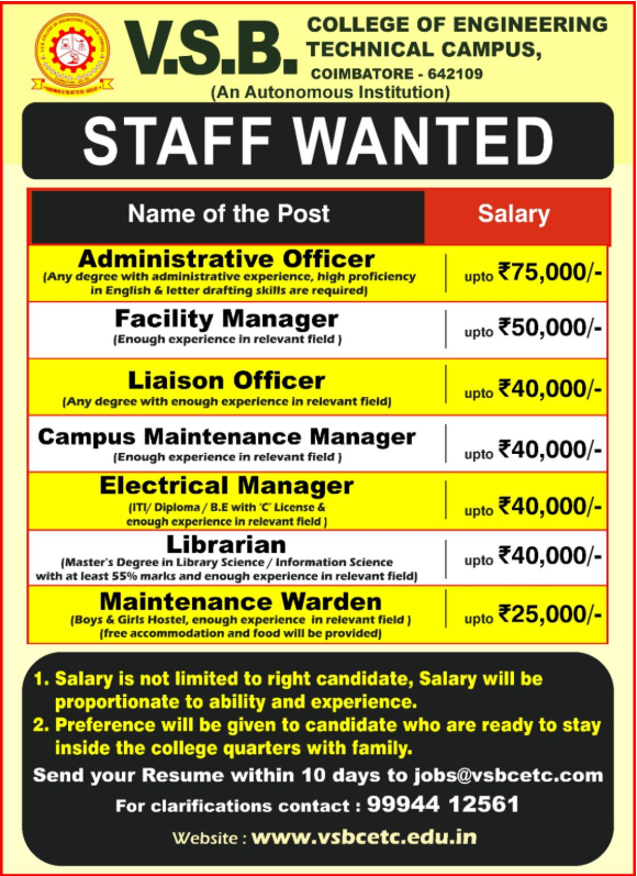 VSB College of Engineering Coimbatore Hiring Non-Teaching Staff