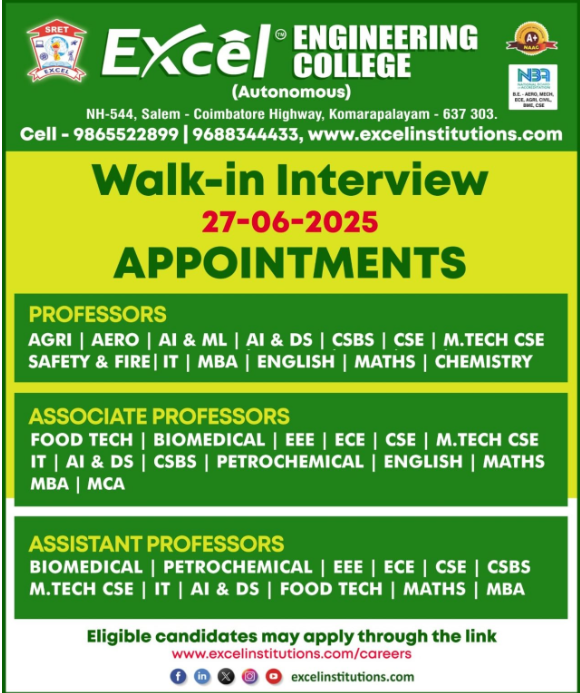 Excel Engineering College Faculty Walk-In Jobs 2025