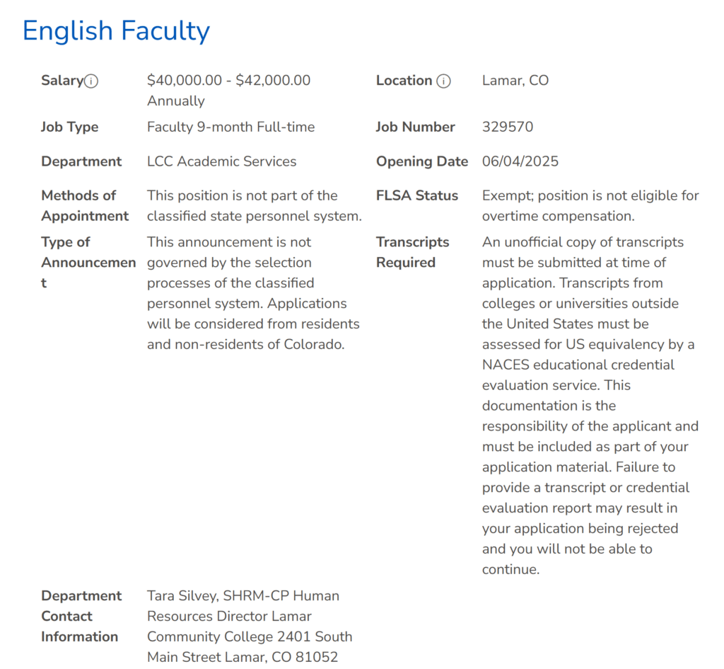 English Faculty Position at Lamar Community College