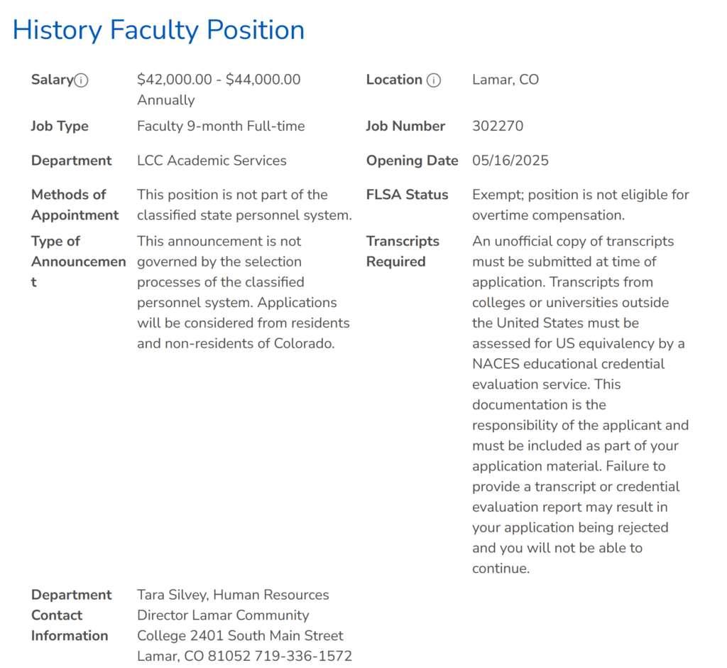 Full-Time History Faculty Opening at Lamar Community College