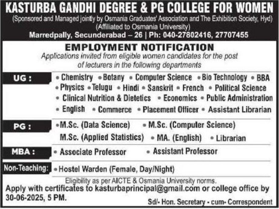 Kasturba Gandhi College Secunderabad Faculty Recruitment 2025