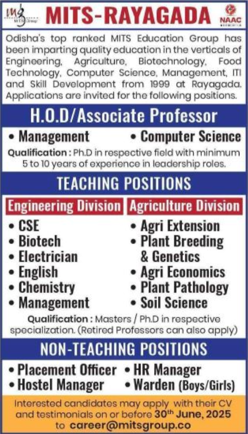 MITS Rayagada Hiring for Teaching and Non-Faculty Recruitment