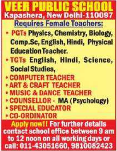 Veer Public School Hiring for Female Teaching Jobs