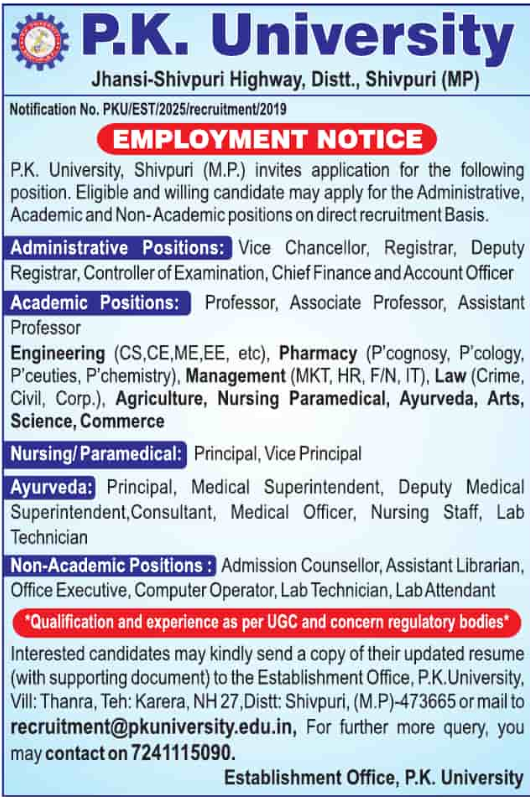 P.K. University Shivpuri Faculty Recruitment