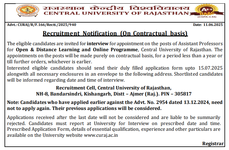 Central University of Rajasthan Announces Assistant Professor Jobs