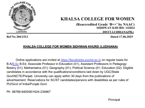 Associate Professor and Assistant Professor Jobs at Khalsa College for Women