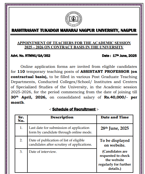 RTM Nagpur University Faculty Recruitment 2025