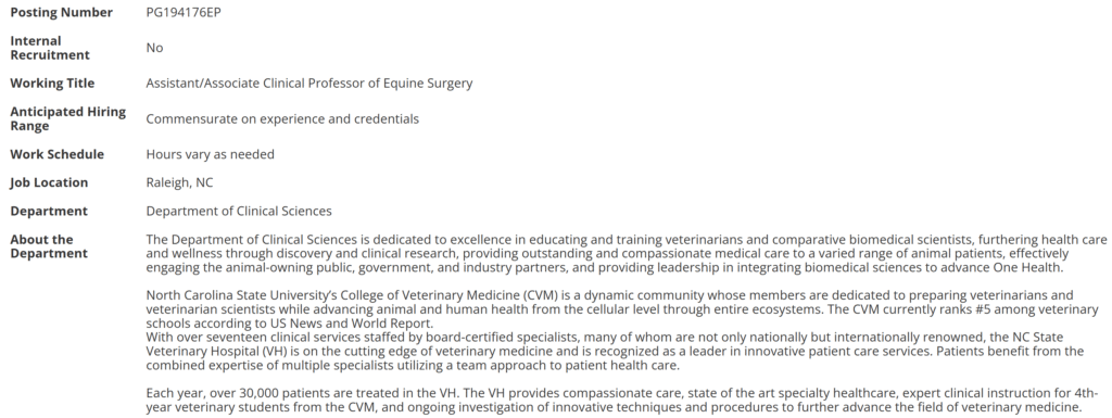Equine Surgery Faculty Position at North Carolina State University