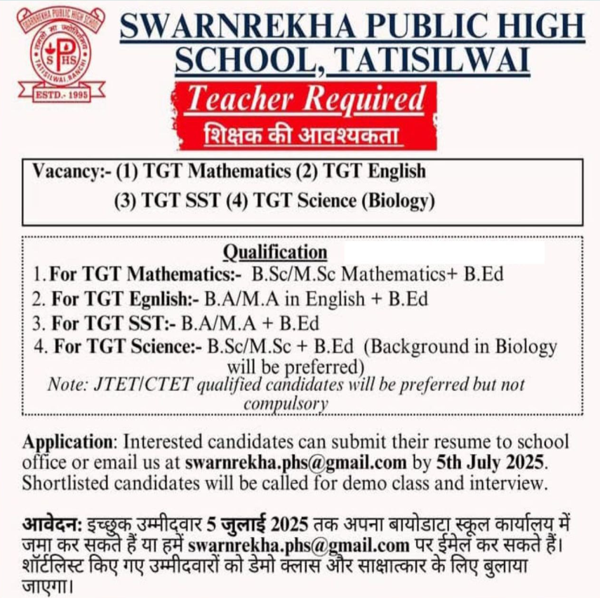 Swarnrekha Public High School Tatisilwai Hiring for TGT Positions