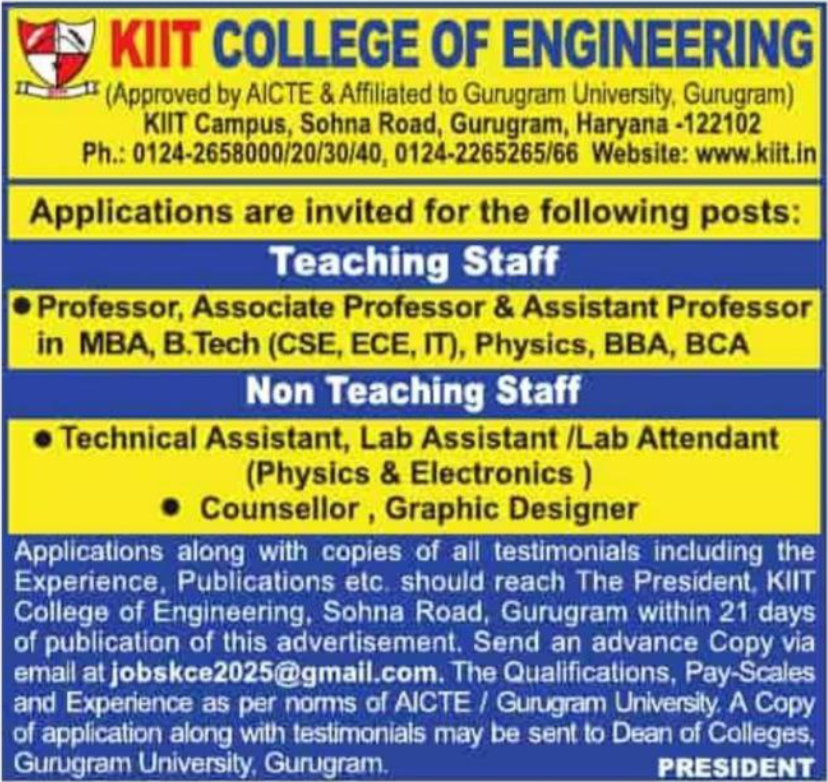 KIIT College of Engineering Gurugram Faculty Recruitment 2025