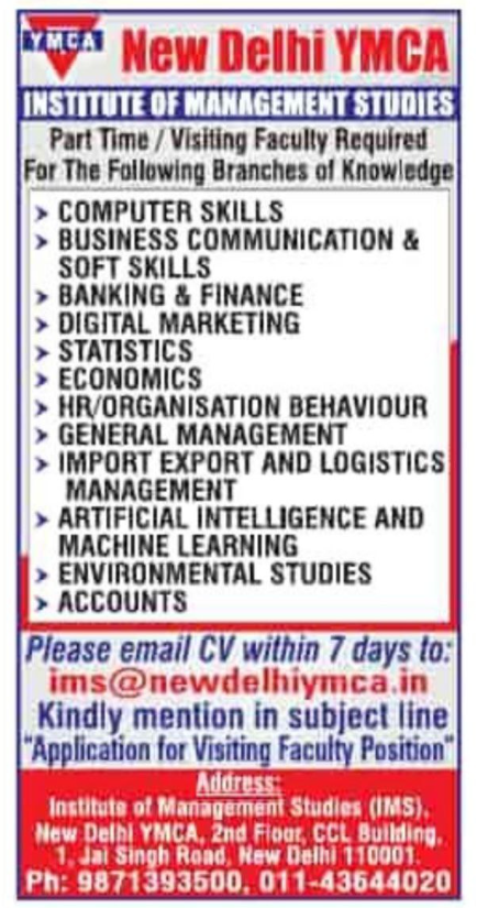 New Delhi YMCA Institute of Management Studies Visiting Faculty Recruitment 2025