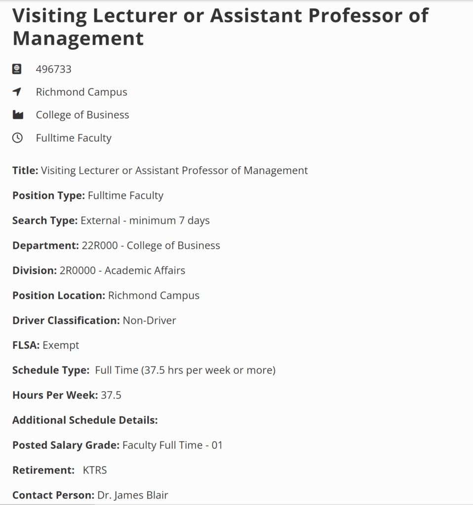 Assistant Professor of Management at Eastern Kentucky University