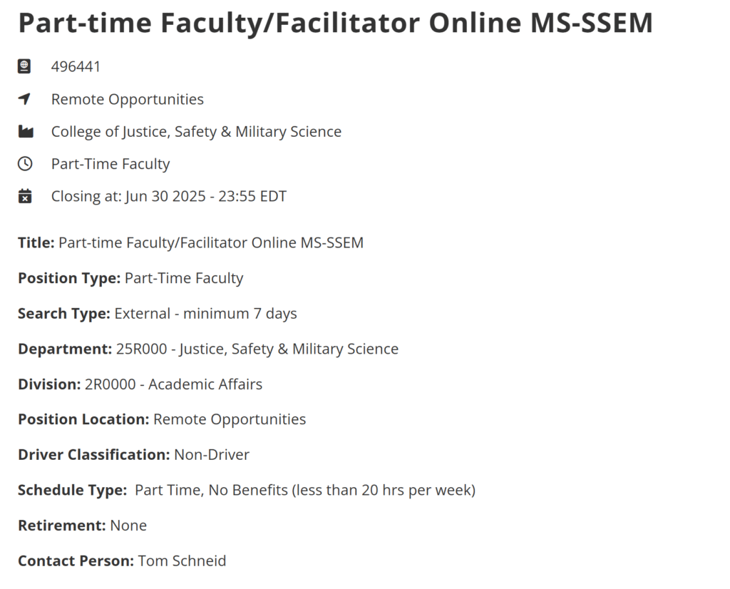 Part-Time Faculty in Online MS-SSEM at Eastern Kentucky University