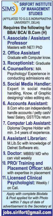 Sirifort Institute of Management Studies Faculty and Non-Teaching Recruitment