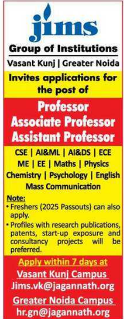 JIMS Group of Institutions Professor Associate & Assistant Professor Vacancies