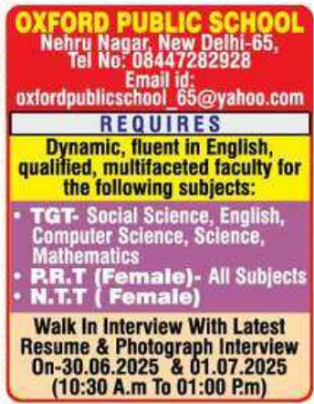 Oxford Public School Walk-In Interviews for Teaching Jobs