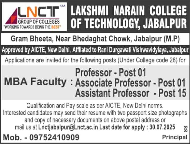 Lakshmi Narain College of Technology Jabalpur Faculty Jobs Notification