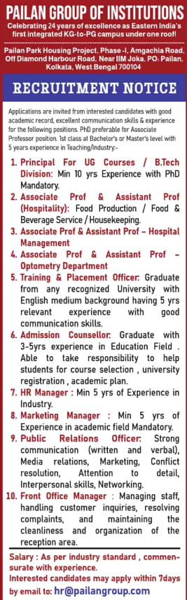 Pailan Group of Institutions Kolkata Wanted Teaching and Non-Teaching Roles