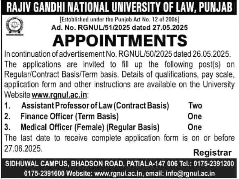 Rajiv Gandhi National University of Law Punjab Wanted Assistant Professor / Finance Officer and Medical Officer